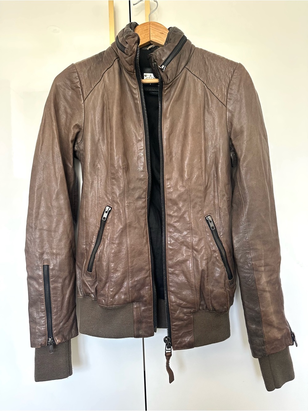 Mackage Brown Leather Moto Bomber Jacket XS Genuine Leather - Picture 3 of 5